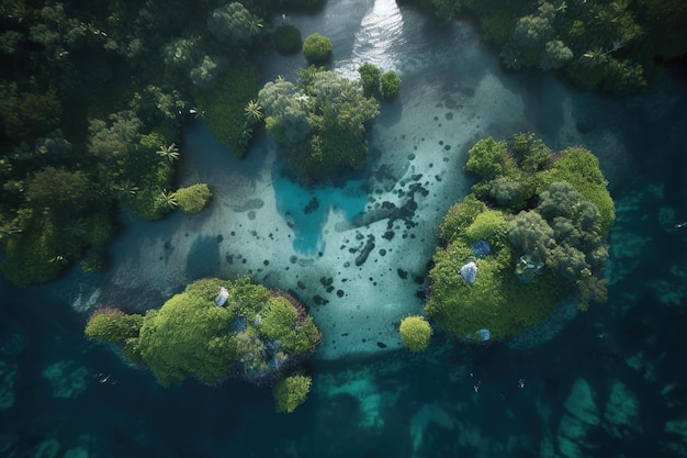 Ein Blick auf einen See mit einer kleinen Insel in der Mitte.