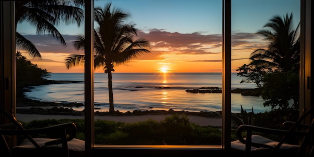 Ein Blick auf einen Sonnenuntergang durch ein Fenster Fensterblick vom Fenster des Resorts