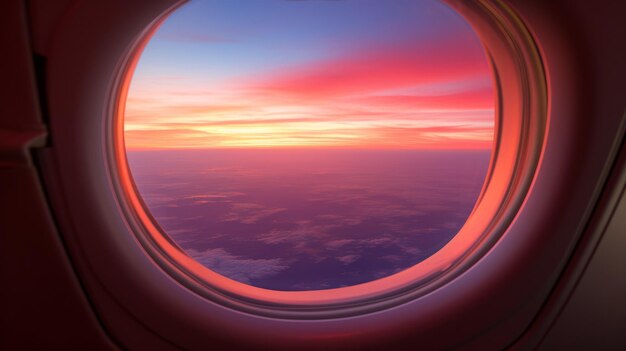 Ein Blick auf einen Sonnenuntergang durch ein Flugzeugfenster