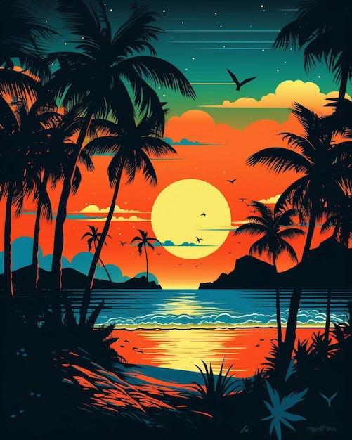 Ein Blick auf einen Sonnenuntergang mit Palmen und einem Boot im Wasser