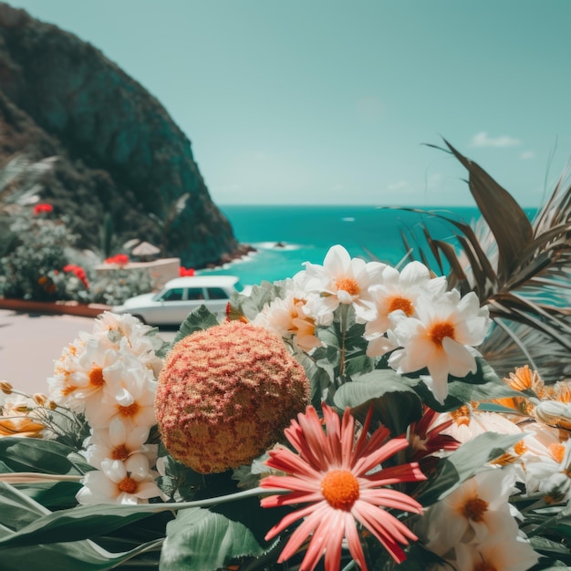 Ein Blick auf einen Strand und einen Blumenstrauß
