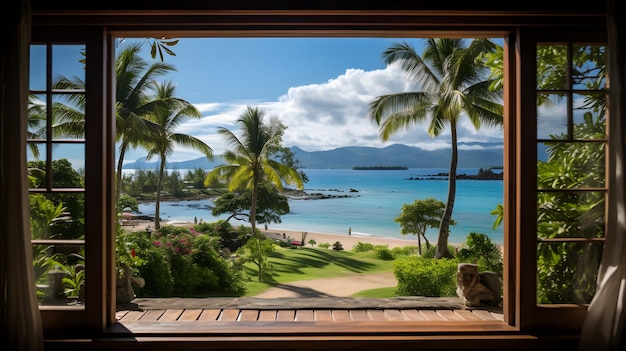 Ein Blick auf einen tropischen Strand aus einem Fenster. Fensterblick aus dem Fenster des Resorts