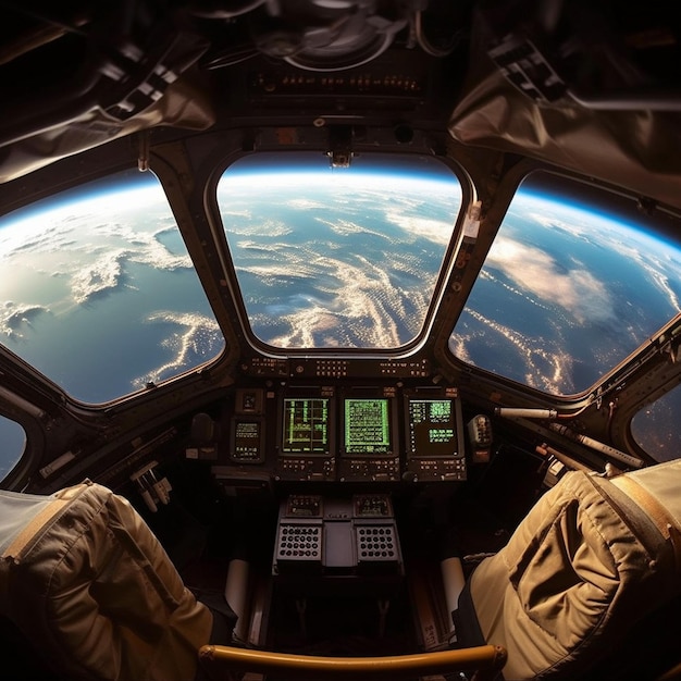 Ein Blick aus dem Cockpit eines Space Shuttles mit dem Planeten Erde im Hintergrund.