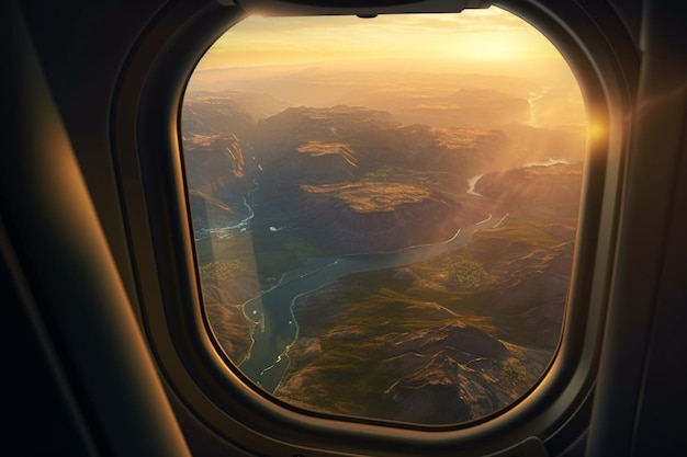 Ein Blick aus dem Fenster eines Flugzeugs, das über den Boden fliegt. Blick über einen fliegenden Abgrund. Wunderschöne malerische Aussicht auf den Sonnenuntergang durch das Flugzeugfenster. Bildspeicherpfad für Fensterflugzeug. Generative KI