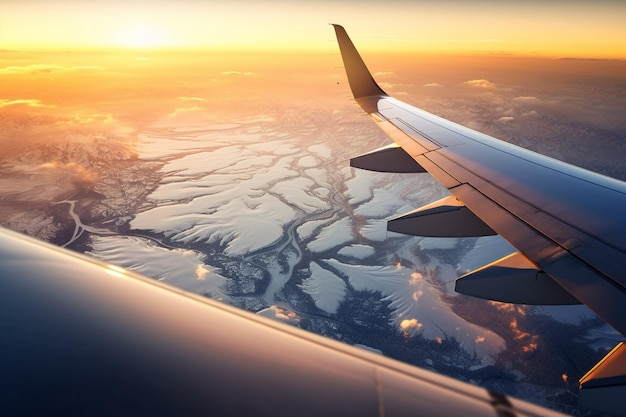 Ein Blick aus dem Fenster eines Flugzeugs, das über den Boden fliegt. Blick über einen fliegenden Abgrund. Wunderschöne malerische Aussicht auf den Sonnenuntergang durch das Flugzeugfenster. Bildspeicherpfad für Fensterflugzeug. Generative KI