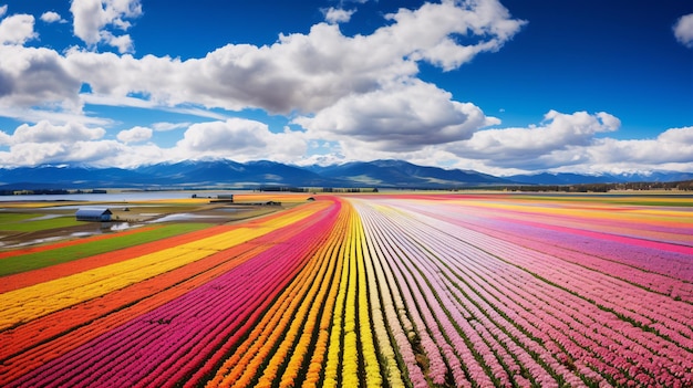Ein Blick aus der Luft auf Reihen von lebendigen Tulpenfeldern in perfekter Blüte, die die Frühlingsfreude und die Schönheit der Natur symbolisieren