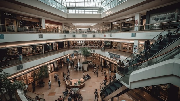 Ein Blick in das Innere eines Einkaufszentrums mit einer großen Rolltreppe und einem großen Gebäude mit Oberlicht.