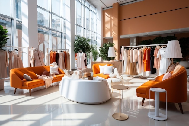 Ein Blick in das schicke Interieur eines Mode-Kleidungsgeschäfts Generative KI