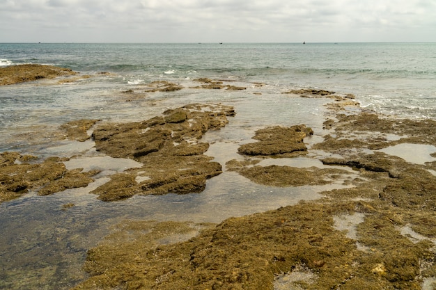 Ein Blick von den Felsen auf den Strand von Salinas