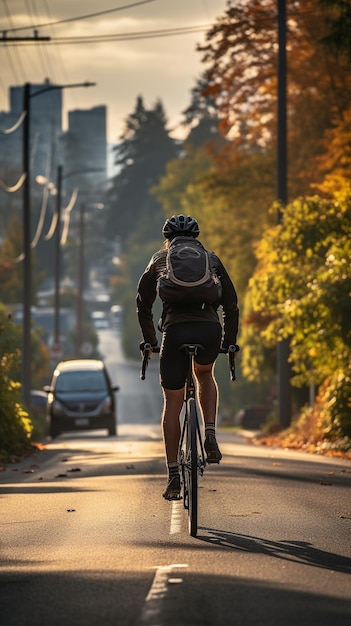 Ein Blick von der Rückseite eines Radfahrers auf die Stadt