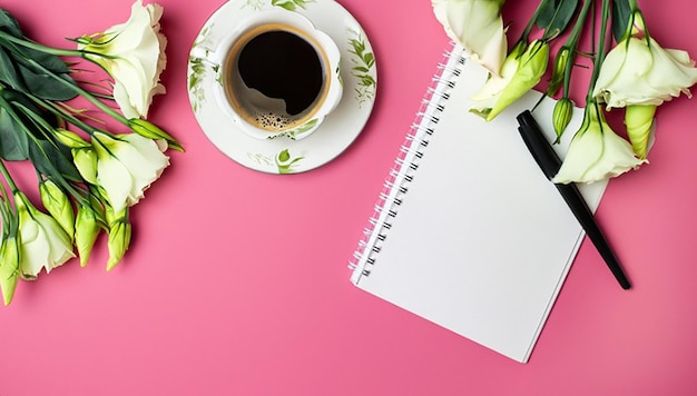 Ein Blick von oben auf Blumenblumen mit Tagebuch, Stift und Kaffeetasse auf rosa Hintergrundkopie.