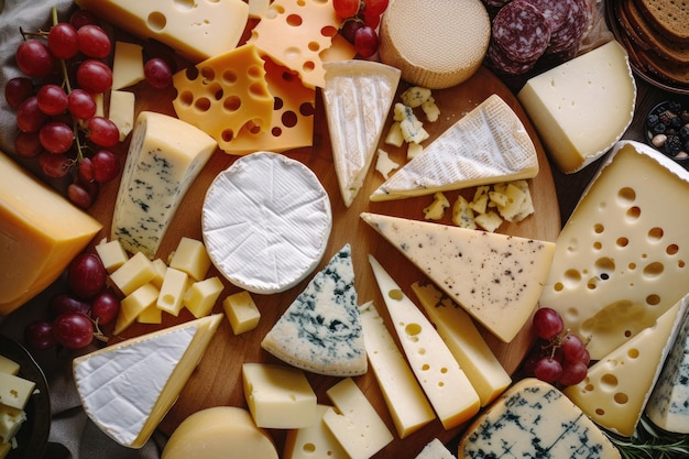 Ein Blick von oben auf ein köstliches Sortiment von Käse, das eine appetitliche Kulisse schafft