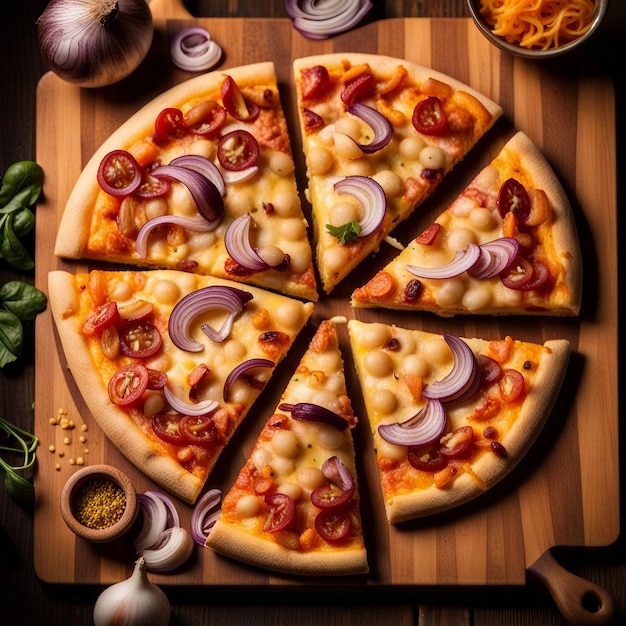 Ein Blick von oben auf eine köstliche Gemüse-Pizza auf einem dicken Holzschneidbrett