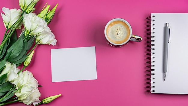 Ein Blick von oben auf Eustoma-Blüten mit Tagebuch, Stift und Kaffeetasse auf rosa Hintergrund.