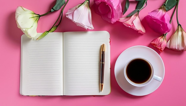 Ein Blick von oben auf Eustoma-Blüten mit Tagebuch, Stift und Kaffeetasse auf rosa Hintergrund.