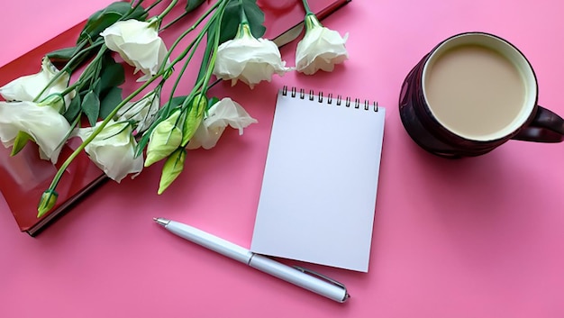 Ein Blick von oben auf Eustoma-Blüten mit Tagebuch, Stift und Kaffeetasse auf rosa Hintergrund.