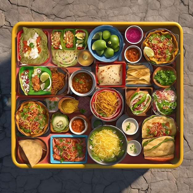 Ein Blick von oben nach unten auf einen mexikanischen Straßen-Food-Wagen, der Tlayudas mit verschiedenen Toppings verkauft