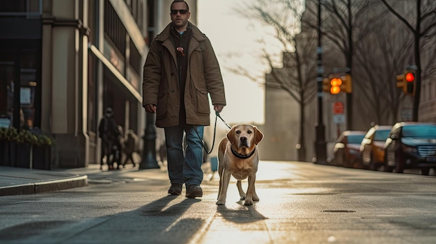 Ein blinder Mann Führungshund hilft einem blinden Mann, der in der Stadt auf der Straße geht Führungshund Generative Ai