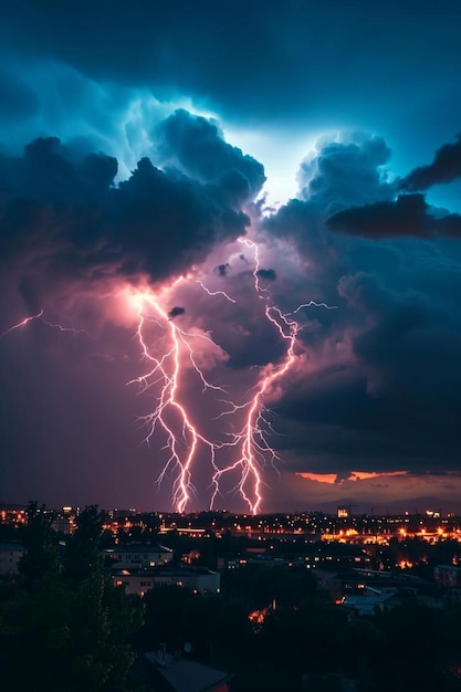 Foto ein blitz schlägt durch den himmel über einer stadt