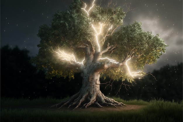 Ein Blitz schlägt in einen Baum ein