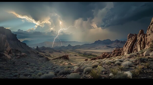 Ein Blitz schlägt während eines Sommersturms auf den Wüstenboden. Die dunklen Wolken und die zerklüfteten Felsen erzeugen eine dramatische Szene.