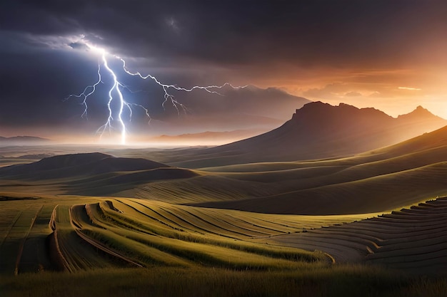 Ein Blitzschlag über einem Feld mit Hügeln und Hügeln im Hintergrund