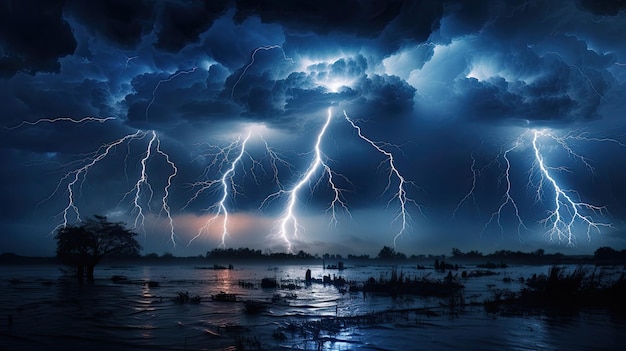 Foto ein blitzsturm über einem see mit ein paar booten im wasser