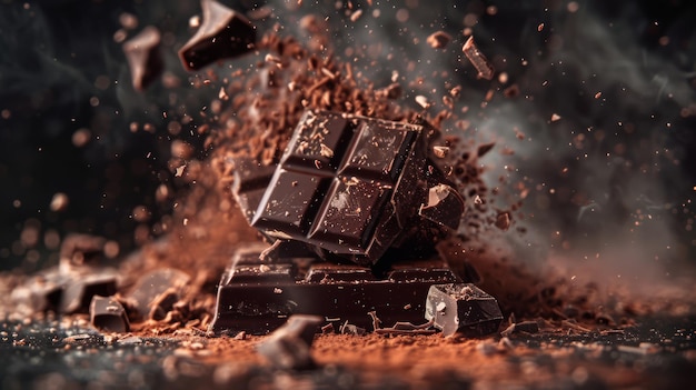 Ein Block dunkler Schokolade, der mit herumfliegenden Scherben gebrochen wird