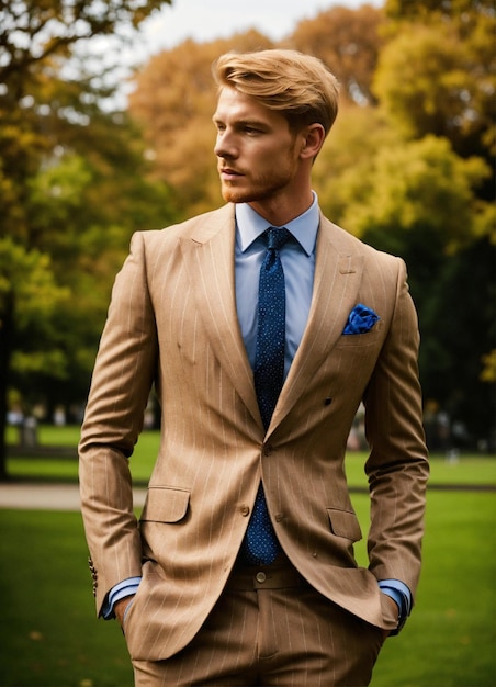 ein blonder Ginger-Gentleman in einem hellbraunen Doppelbrustanzug mit Streifen, der in einem Park steht