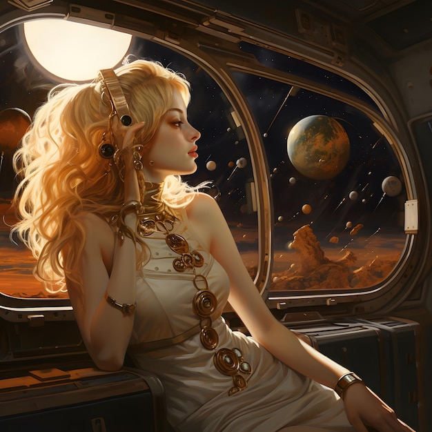 Ein blondes Mädchen in eleganter Kleidung, geschmückt mit komplizierten Schmuckstücken, starrt aus dem Fenster des Raumschiffs