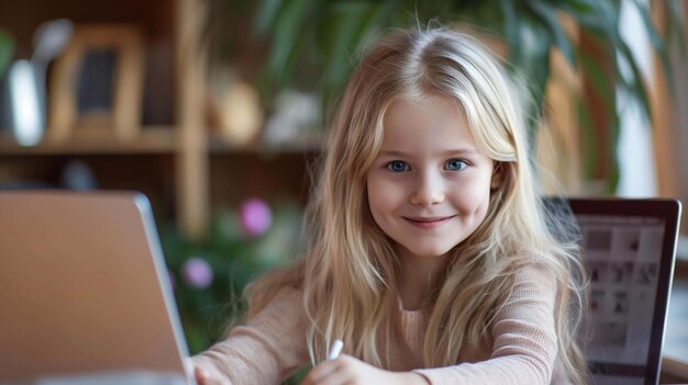 Ein blondes Mädchen lächelt, während es einen Laptop auf einem Schreibtisch benutzt Konzept der Hausaufgaben und der Erziehung im Grundschulalter