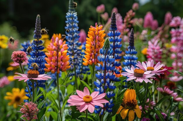 Ein blühender Garten mit bunten Blumen, schwirrenden Bienen und einer friedlichen Atmosphäre