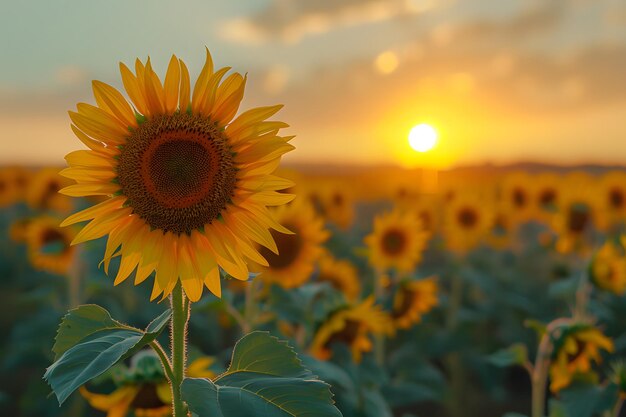 Foto ein blühendes sonnenblumenfeld beim sonnenuntergang