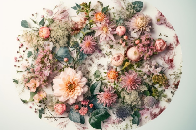 Ein Blumenarrangement mit Blumen auf einem weißen Teller.