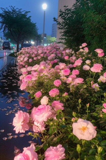 Ein Blumenbeet mit rosa Blumen im Regen.