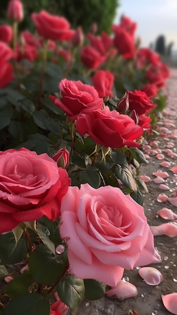 Ein Blumenbeet mit rosa Rosen darauf
