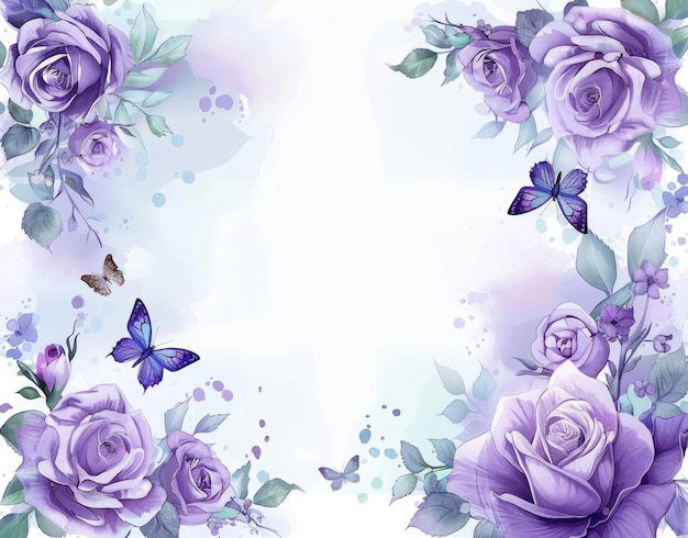 ein Blumenbild mit lila Rosen und Schmetterlingen
