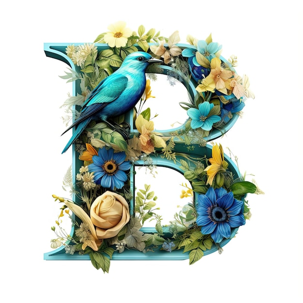 Ein Blumendruck des Buchstabens B mit Vögeln und Blumen im farbenfrohen Fantasiestil