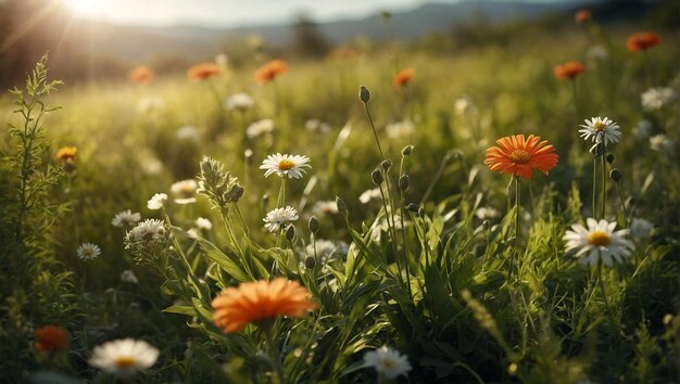 Ein Blumenfeld, durch das die Sonne scheint