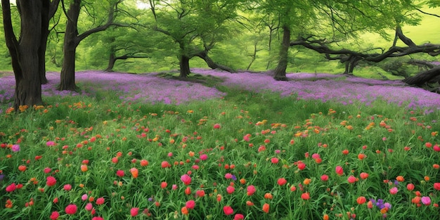 Ein Blumenfeld im Wald mit einem grünen Feld aus lila Blumen.