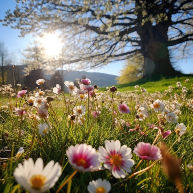 ein Blumenfeld mit einem Baum im Hintergrund