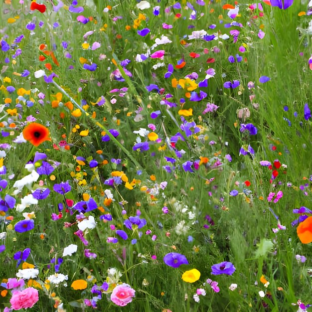 Foto ein blumenfeld mit einer blauen und orangefarbenen blume in der mitte.