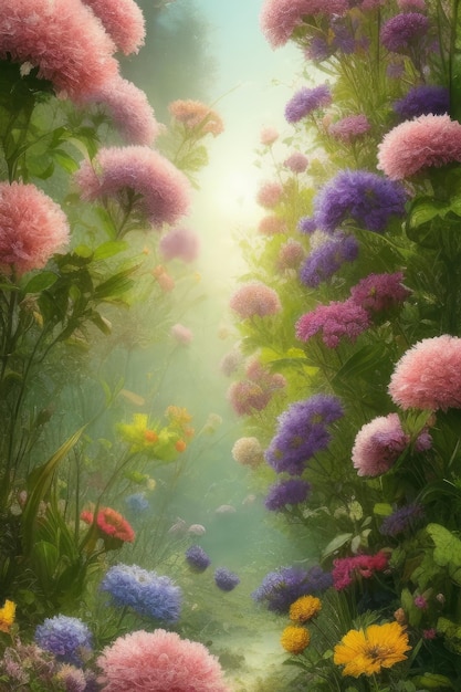 Ein Blumengarten mit einem Weg, auf dem Blumen stehen