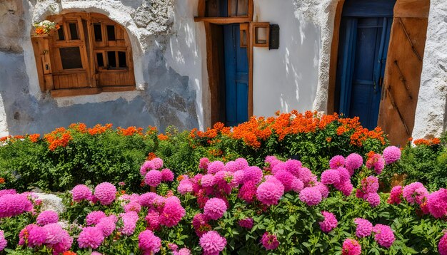 ein Blumengarten mit einer Tür, die Bougainvillea sagt