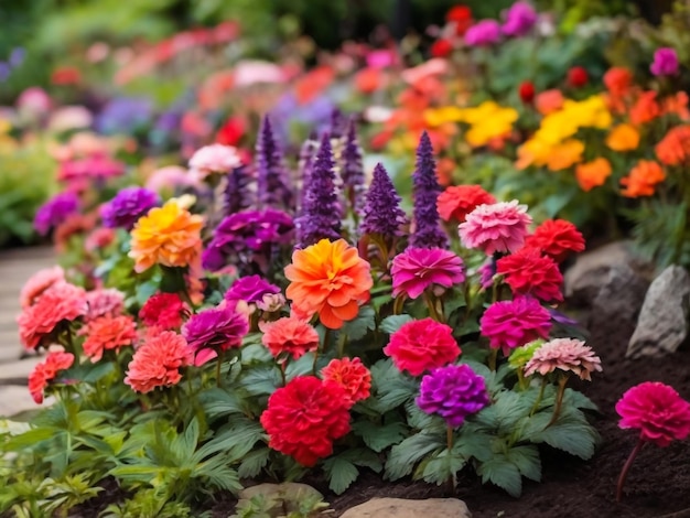 ein Blumengarten mit vielen verschiedenen farbigen Blumen