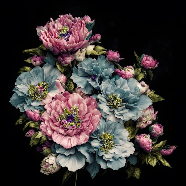 Ein Blumengemälde mit einer davon ist in Rosa, Blau und Weiß gehalten.