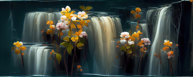 Ein Blumengemälde vor einem Wasserfall generativer KI