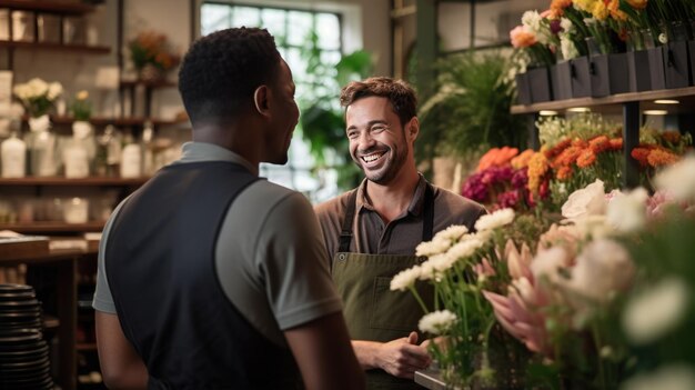 Ein Blumenhändler spricht mit einem Kunden, um ihm zu helfen, einen Blumenstrauß auszuwählen