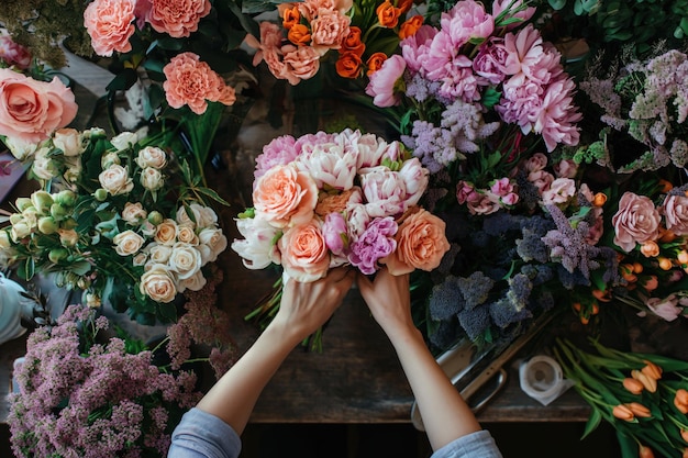 Ein Blumenhändler wählt Rosen für einen Blumenstrauß in einem Blumenladen ausxA