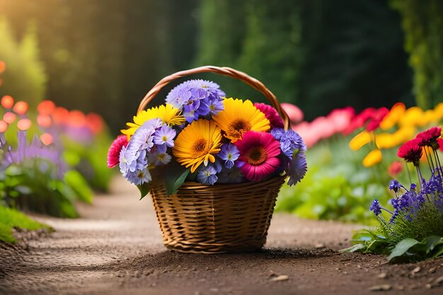 ein Blumenkorb mit einem Korb voller Blumen im Hintergrund.